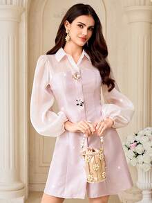 Modelyn Women's Elegant Party Cocktail Mini Dress With Lantern Sleeves And Metal Decor, Suitable For Spring, Summer, Autumn - Pink - View 6