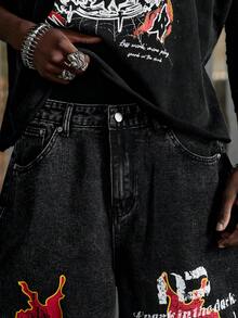 NEON BLANC Men's Letter Print Patch Pocket Loose Fit Flared Leg Jeans - Black - View 6