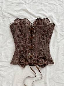 Soleia 加大码欧美年轻度假性感前卫无肩带蕾丝双层紧身胸衣上衣，镂空刺绣连体衣，ins 白色夜店女装，夏季，度假女装，假日女装，海滩女装，狂欢节。 - 棕色 - 查看 3