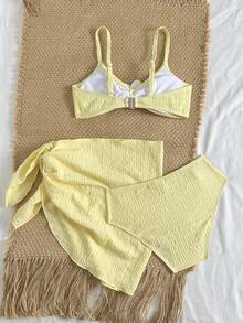 SHEIN Ensemble de maillot de bain avec décor floral 3D pour préadolescentes en vacances à la plage - Jaune citron - Voir 2