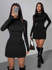 SHEIN PETITE 高领收腰修身A字长袖休闲宽松通勤复古迷你连衣裙,适合秋冬季女性,黑色长袖连衣裙,优雅黑色连衣裙,黑色职业装,修身黑色连衣裙,秋季 - 黑色 - 查看 2