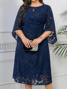 Reflora 大码女式圆领提花腰部褶皱优雅连衣裙 - 藏蓝色 - 查看 3