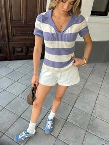 Pariaura Contrast Stripe Polo Collar Knit Top, French Street Style, Short Sleeve Summer Blouse - Purple - View 3