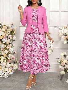 SHEIN Lady 优雅两件套纯色外套搭配印花长裙，适合所有季节 - 粉色 - 查看 5