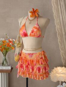 Bellisia Women's 3-Piece Floral Print Sexy Spaghetti Strap V-Neck Halter Bikini Top, Tie Side Triangle Bottoms, And Ruffle Hem Skirt Swimsuit Set, Summer - Multicolor - View 3