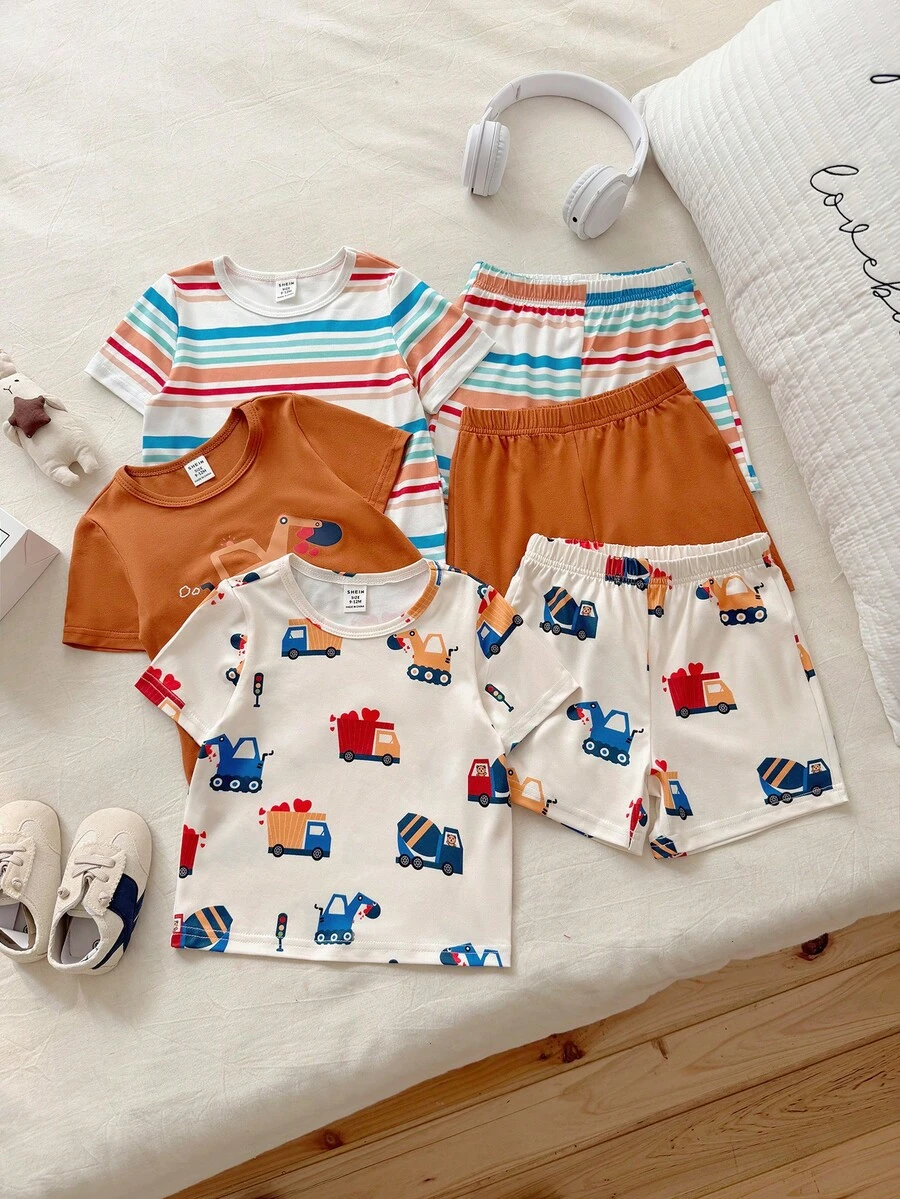 Vintaside Kids Bộ đồ 2 món cho bé trai: Áo thun cổ tròn tay ngắn in hình dễ thương và quần short đa năng. - Nhiều màu - Xem 1