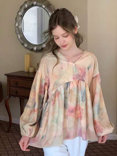 DAZY 青少年女孩V领落肩长袖宽松褶皱休闲衬衫