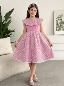 SHEIN Tween Girl Elegant & Cute Pink Peter Pan Collar Double-Layer Tulle A-Line Long Dress - Pink - View 2