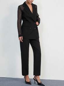 Aveloria Modichic Conjunto de pantalones rectos de traje ligero de mujer de doble botonadura con sensación transparente de tela de parche de organza - Negro - Ver 1