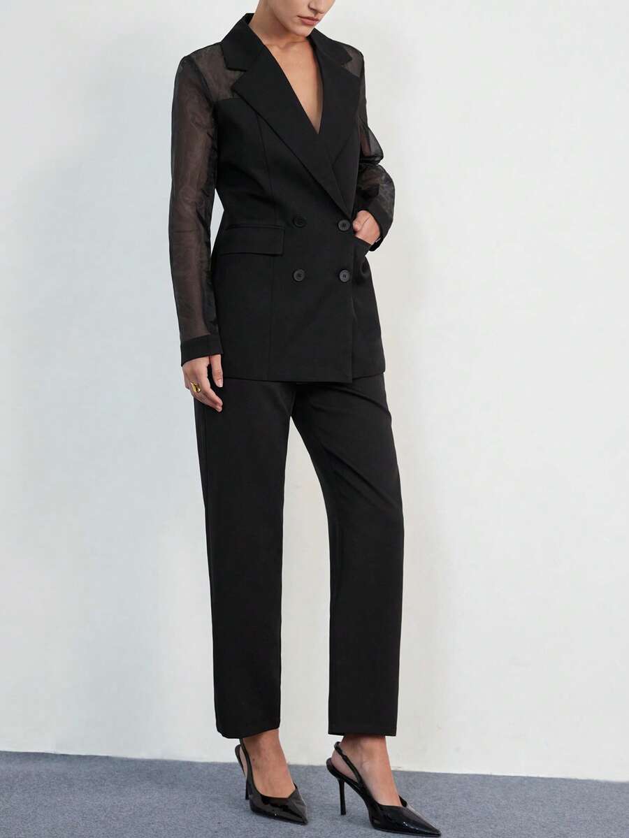 Aveloria Modichic Conjunto de pantalones rectos de traje ligero de mujer de doble botonadura con sensación transparente de tela de parche de organza - Negro - Ver 1