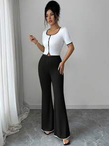 Elenzga Bộ trang phục công sở thường ngày thanh lịch dành cho nữ, gồm áo và quần cài cúc phía trước. - Đen và trắng - Xem 5