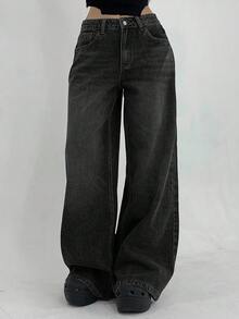 SHEIN 少女日常通勤休闲宽松阔腿牛仔裤 - 黑色 - 查看 3