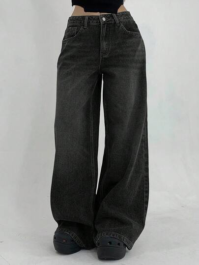 SHEIN 少女日常通勤休闲宽松阔腿牛仔裤