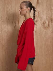 MUSERA Deep Plunge Cowl Neck Knitted Top Winter NewYear Cute Sexy Going Out Evening Party Accented - Red - View 3