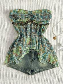 Sweetra Fashionable Tube Chiffon Printed Blouse With Unique Waist Tie And Asymmetric Hem Design, Summer New Arrival - Multicolor - View 3