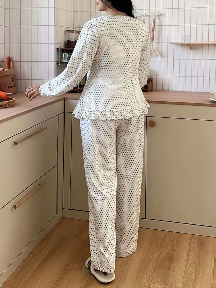 Dazy Plus Plus Size Women Polka Dot Contrast Lace Long Sleeve Top And Pants Pajama Set