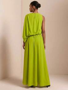 SHEIN Veneréa 新款春夏单肩褶皱腰身连衣裙，绿色圆领，优雅 - 綠色 - 查看 2
