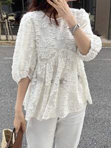 FRIFUL Women's Solid Color Pleated Ruffle Hem Loose Casual Versatile Short Sleeve Blouse, Summer/Spring - Beige - View 6