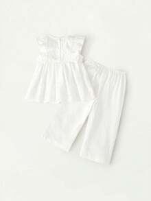 Maija Kids Maija Kids 2pcs/Set Young Girl Floral Trim Round Neck Cap Sleeve Top And Elastic Waist Pants - White - View 3