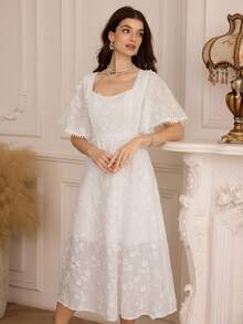 Modelyn Vestido midi elegante y estilizador con cuello cuadrado, encaje jacquard floral y escote cuadrado para uso diario y oficina de la mujer - Blanco - Ver 5