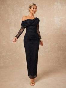 Lumalex Đầm dài tay ôm dáng, thanh lịch, gợi cảm màu đen ren, cổ lệch vai, xếp ly, dành cho nữ, thích hợp cho mùa xuân/hè. - màu đen - Xem 3