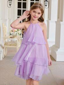 SHEIN Tween Girls' Elegant Woven Halter Neck Dress - Multicolor - View 3