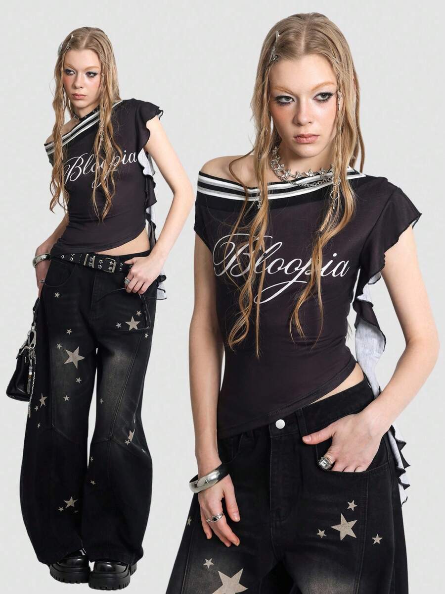 Bloopia Áo croptop dệt kim tay ngắn dáng ôm, bất đối xứng, có bèo nhún dành cho nữ. - màu đen - Xem 1