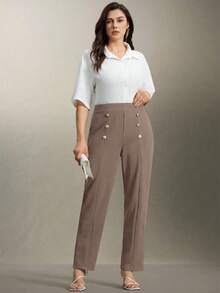 SHEIN Clasi Plus Size Double Metal Decor Button Straight Leg Pants, Elegant For Commuting And Outings - Rust Brown - View 4