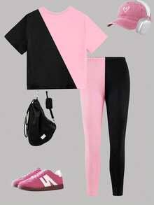 2件套少女K-POP卡通女孩头像撞色黑粉T恤和配套长裤套装，舒适针织套装，适合女孩，可作为节日礼物、休闲外出和日常穿着。 - 粉色 - 查看 2