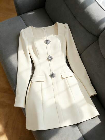 Franclia Vestido elegante retro de unicolor con mangas abullonadas y cuello cuadrado romántico para mujeres