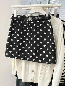 Franclia Chân váy đen in họa tiết trái tim thanh lịch và lãng mạn dành cho nữ, thoải mái, thời trang và giản dị. Bao gồm cả chân váy đen có thắt lưng, thích hợp cho kỳ nghỉ hè và ngày Valentine. - màu đen - Xem 7