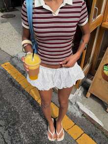 Aloruh 女士休闲 Polo 领修身条纹印花短袖 T 恤 - 彩色 - 查看 3