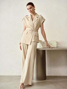 MOTF PREMIUM 春夏高端设计感优雅套装，时尚收腰显瘦通勤装，独特纽扣装饰西装外套搭配阔腿裤，女士两件套 - 杏色 - 查看 9
