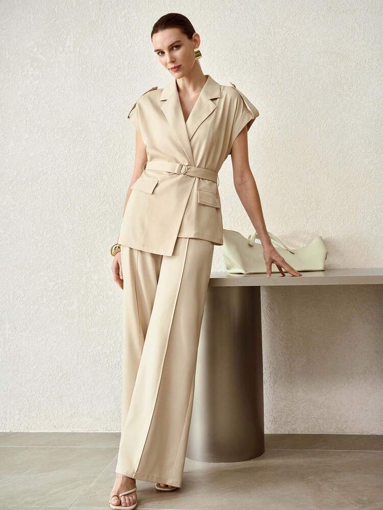 SPRING/SUMMER HIGH-END DESIGN SENSE ELEGANT SUIT, FASHIONABLE WAIST-CINCHING SLIMMING COMMUTER OUTFIT WITH DISTINCTIVE BUTTON DECOR BLAZER AND WIDE-LEG PANTS, 2 PIECES SET FOR WOMEN