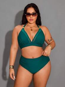 Shapewave Plus Size Women Solid Color Beach Swimwear Set - Army Green - View 6