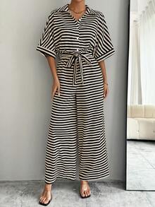 SHEIN LUNE Bộ áo liền quần nữ tay cánh dơi buộc dây in họa tiết sọc - Nhiều màu - Xem 6