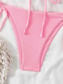 Swim Basics Women's Solid Color Spaghetti Strap Wireless Top And Side Tie Bikini Bottom Set, Summer Vacation - Pink - View 4