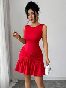 Elenzga New Sleeveless Knit Fitted Elegant Valentine's Day Cute Women Mini Dress - Red - View 5
