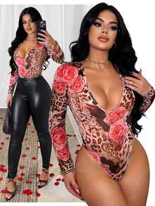 SHEIN SXY 豹纹性感低领长袖网纱连体衣 - 彩色 - 查看 1