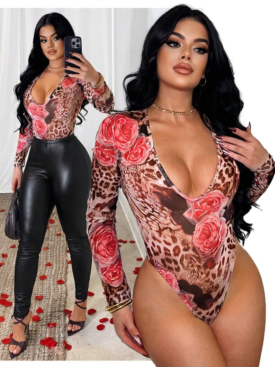 SHEIN SXY 豹纹性感低领长袖网纱连体衣 - 彩色 - 查看 1