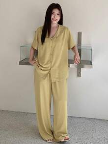 Dazy Plus Plus Size Women Solid Color Short Sleeve Single-Breasted Top And Pants Pajama Set - Yellow - View 8
