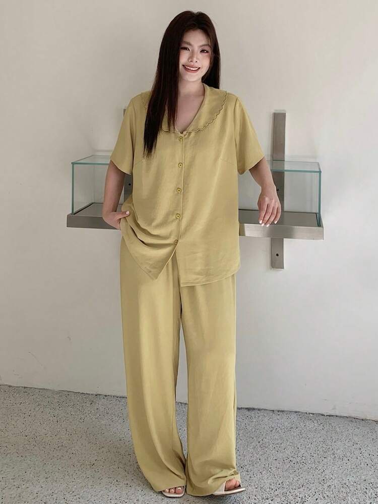 Dazy Plus Plus Size Women Solid Color Short Sleeve Single-Breasted Top And Pants Pajama Set