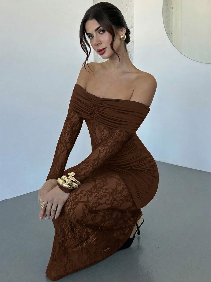 Firerie Women's Elegant Off-Shoulder Asymmetric Lace Dress - Brown - View 1