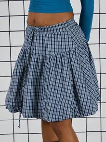 COUREZ Bubble Hem Check Midi Skirt /Y2K Spring Clothes For Women Cute Going Out Skirts Party Outfit 2 Piece Sets Back To School Outfits Date Night Valentines Day - Blue - View 7