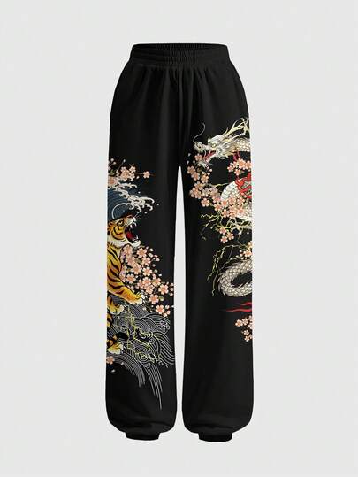 Grunge Punk Loose Fit Women Street Style Chinese Dragon & Plum Blossom Print Sweatpants