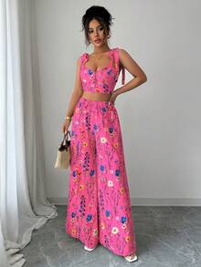 Elenzga Standard Size Women's Spaghetti Strap Backless Design + Waist Drawstring Wide Leg Pants 2 Pieces Set - Hot Pink - View 4