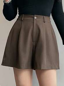 Dazy Plus Plus Size Women Casual Solid Color Short Straight PU Shorts, Autumn/Winter - Brown - View 9