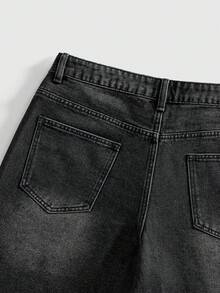 ROMWE MEN Quần short denim nam kiểu dáng thường ngày, có túi xéo và đính đá chữ. - màu đen - Xem 5