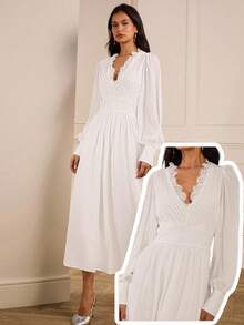 Lilora 女士优雅蕾丝拼接连衣裙，冬季女装，优雅白色长裙，蕾丝长款连衣裙，新年装扮，适合外出穿着。女士白色连衣裙 - 白色 - 查看 1