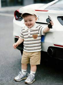 SHEIN Playful Pals Baby Boy Classic Green Waffle Fabric Apricot Polo Shirt, White Contrast Buttons Half Placket Short Sleeve Casual Top, Summer Streetwear Activewear For School, Holiday, Outdoor Retro Vintage, Baby Boy Clothes, Polo  Boy For Baby Baby Clothes ,Toddler Button Up Boy Baby Clothes  Toddler Clothes,6M-3T - Khaki - View 3
